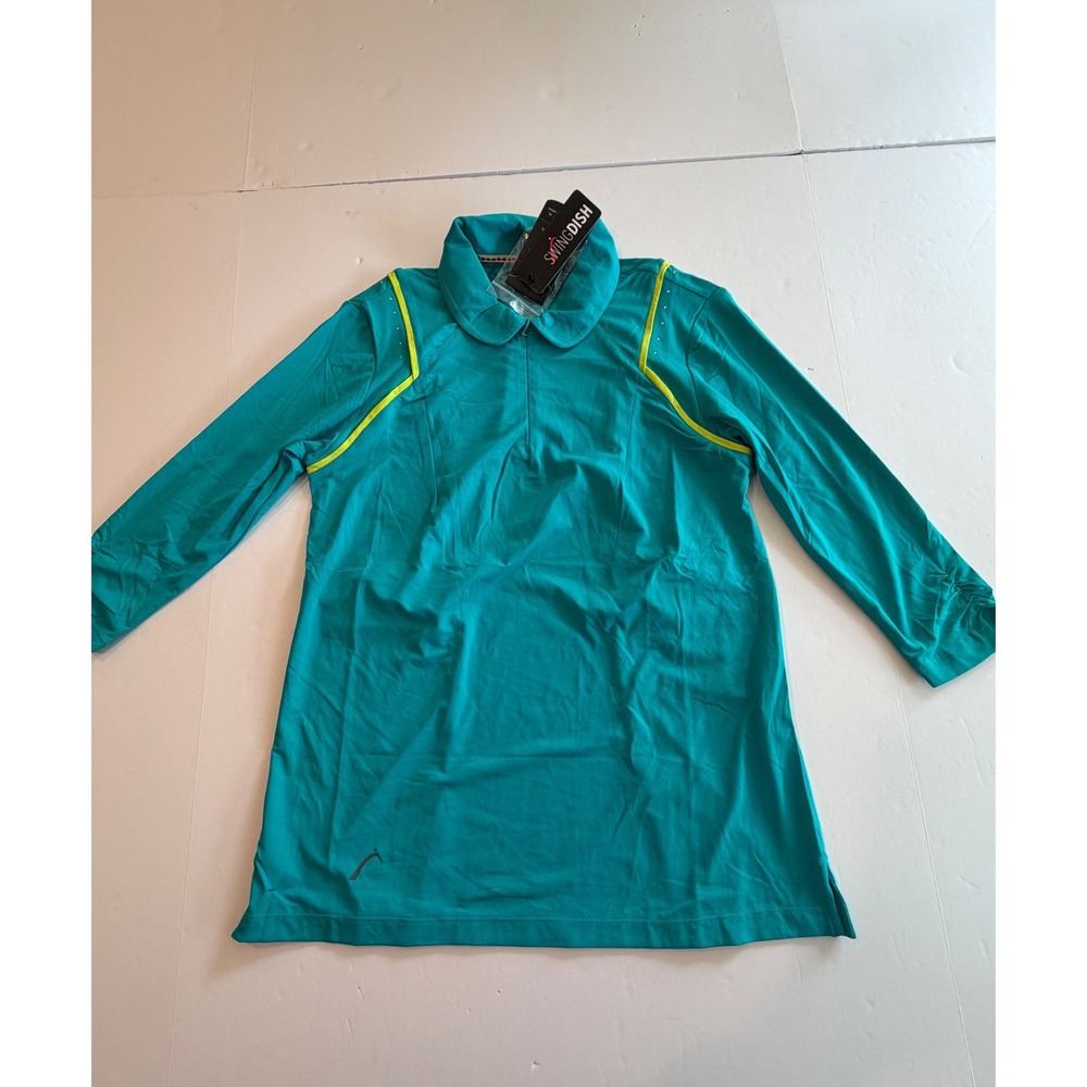 SwingDish Womens Teal 3/4 Sleeve Golf Polo Top Quarter Zip‎ Large NWT